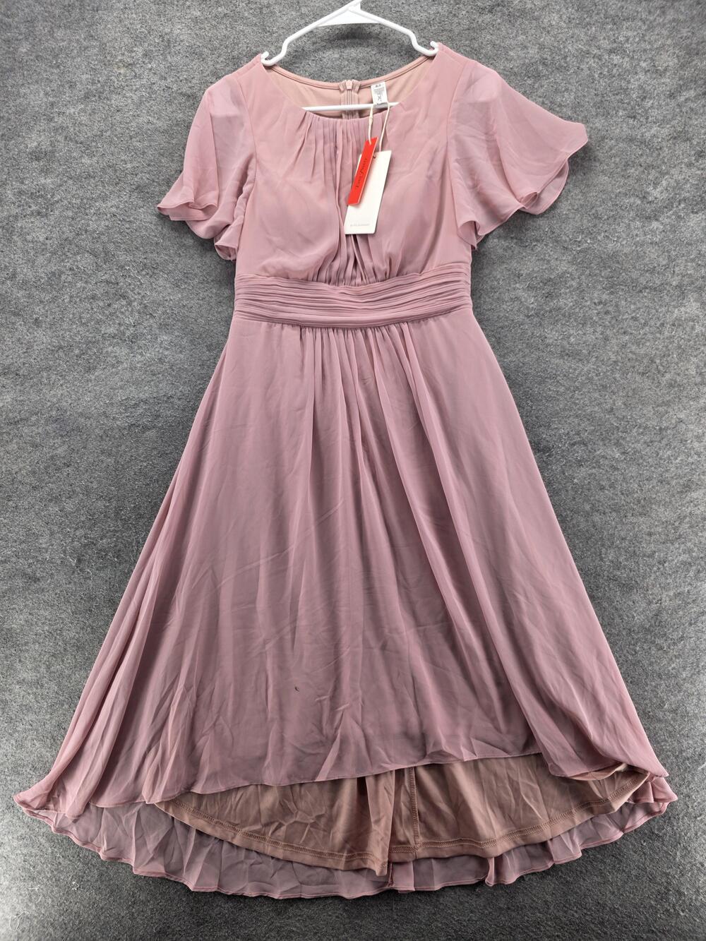 Ever-Pretty Dress Womens S Pink Fit & Flare Hi-Low Chiffon Smocked Pleated